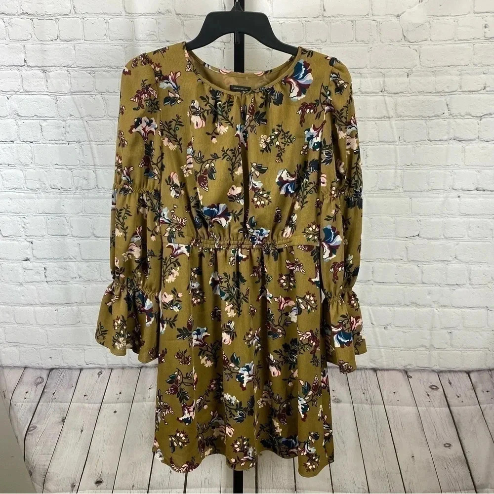 Ann Taylor Mustard Floral Long-Sleeve Dress